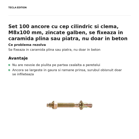Set 100 ancore cu cep cilindric si clema, M8x100 mm, zincate galben, se fixeaza in caramida plina sau piatra, nu doar in beton [1]