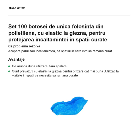 Set 100 botosei de unica folosinta din polietilena, cu elastic la glezna, pentru protejarea incaltamintei in spatii curate [1]