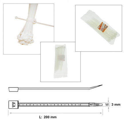 Set 100 bride din plastic, 3 x 200mm, cu autoblocare, tip colier, pentru fixare si legare, albe [3]