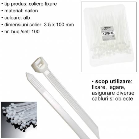 Set 100 bride zimtate din nailon, 3.5x100mm, cu autoblocare, tip colier, Xtreme 06721, pentru fixare si legare, albe [5]