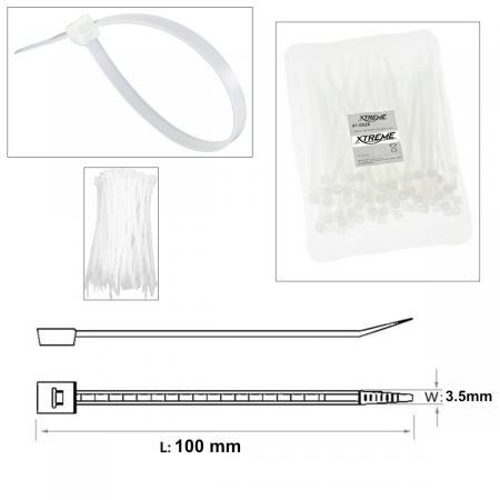 Set 100 bride zimtate din nailon, 3.5x100mm, cu autoblocare, tip colier, Xtreme 06721, pentru fixare si legare, albe [2]