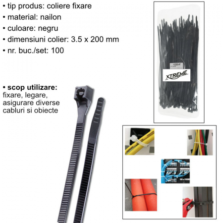 Set 100 bride zimtate din nailon, 3.5x200mm, cu autoblocare, tip colier, Xtreme 07157, pentru fixare si legare, negre [5]