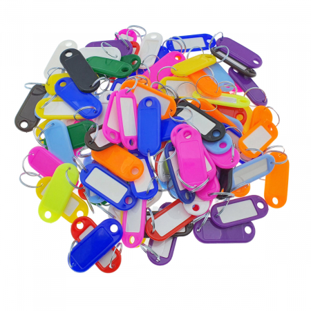 Bricolaj - Set 100 bucati breloc cu eticheta identificare si inel de prindere, Key Ring Tag, 52 x 22 mm, din plastic, multicolor