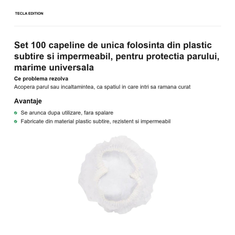 Set 100 capeline de unica folosinta din plastic subtire si impermeabil, pentru protectia parului, marime universala [1]