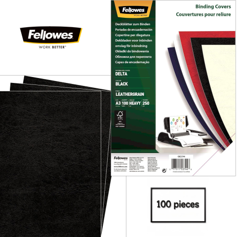 Set 100 coperti carton A3 negre, Fellowes, plastifiate cu polipropilena, 250 g/mp, pentru legare termica sau inele [1]
