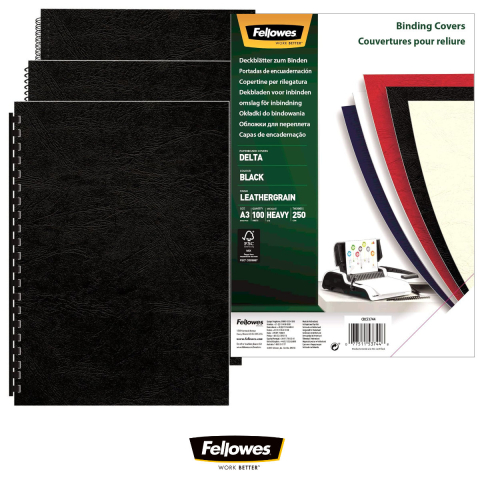 Set 100 coperti carton A3 negre, Fellowes, plastifiate cu polipropilena, 250 g/mp, pentru legare termica sau inele [2]