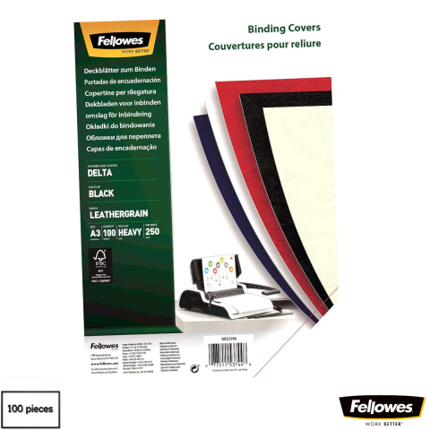 Coperti din carton pentru indosariat - Set 100 coperti carton A3 negre, Fellowes, plastifiate cu polipropilena, 250 g/mp, pentru legare termica sau inele