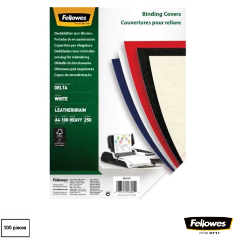 Coperti din carton pentru indosariat - Set 100 coperti carton A4 alb, Fellowes, plastifiate cu polipropilena, 250 g/mp, pentru legare termica sau inele