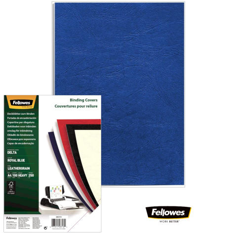 Set 100 coperti carton A4 albastru inchis, Fellowes, plastifiate cu polipropilena, 250 g/mp, pentru legare termica sau inele [1]