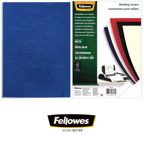 Set 100 coperti carton A4 albastru inchis, Fellowes, plastifiate cu polipropilena, 250 g/mp, pentru legare termica sau inele [2]