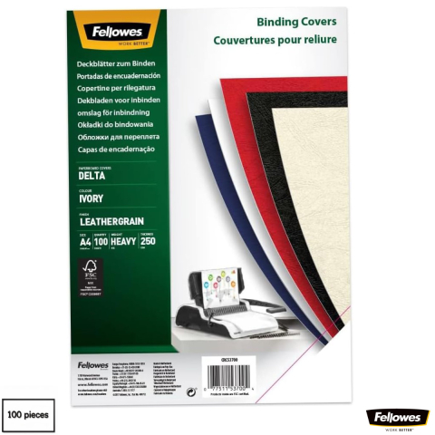 Coperti din carton pentru indosariat - Set 100 coperti carton A4 crem, Fellowes, plastifiate cu polipropilena, 250 g/mp, pentru legare termica sau inele