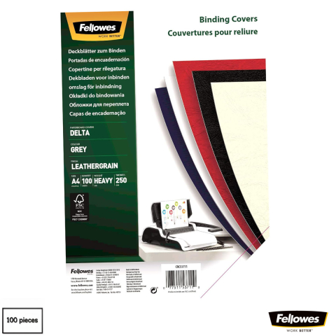 Coperti din carton pentru indosariat - Set 100 coperti carton A4 gri, Fellowes, plastifiate cu polipropilena, 250 g/mp, pentru legare termica sau inele