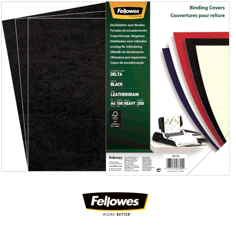 Set 100 coperti carton A4 negre, Fellowes, plastifiate cu polipropilena, 250 g/mp, pentru legare termica sau inele [1]