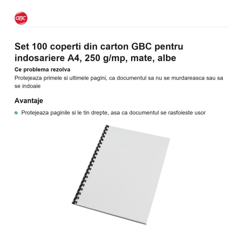 Set 100 coperti din carton GBC pentru indosariere A4, 250 g/mp, mate, albe [1]