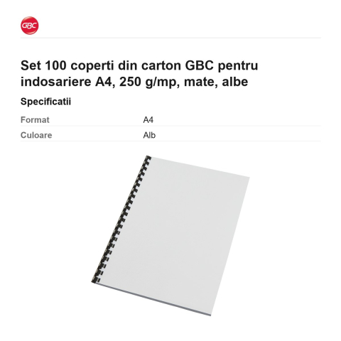 Set 100 coperti din carton GBC pentru indosariere A4, 250 g/mp, mate, albe [2]