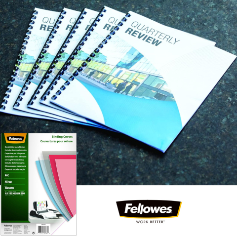 Set 100 coperti plastic A3 200 microni transparente, Fellowes, din PVC, pentru legare cu inele sau spirala [1]
