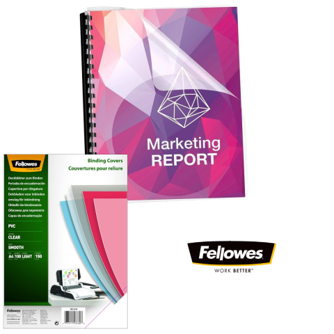 Set 100 coperti plastic A4 150 microni transparente, Fellowes, din PVC, pentru legare cu inele sau spirala [3]