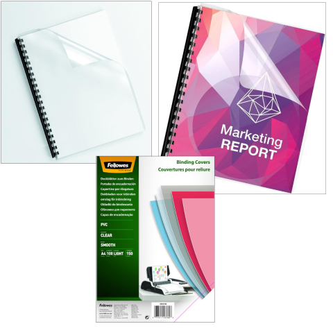 Set 100 coperti plastic A4 150 microni transparente, Fellowes, din PVC, pentru legare cu inele sau spirala [4]