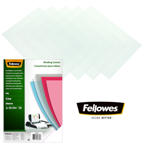 Set 100 coperti plastic A4 150 microni transparente, Fellowes, din PVC, pentru legare cu inele sau spirala [1]