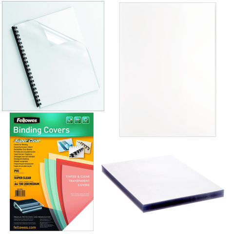 Set 100 coperti plastic A4 200 microni transparente, Fellowes, din PVC cristal flexibil, pentru legare cu spira [2]