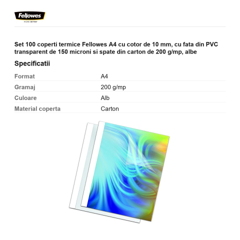 Set 100 coperti termice Fellowes A4 cu cotor de 10 mm, cu fata din PVC transparent de 150 microni si spate din carton de 200 g/mp, albe [2]