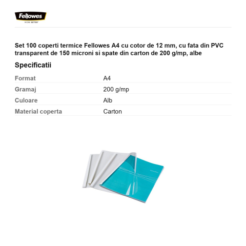 Set 100 coperti termice Fellowes A4 cu cotor de 12 mm, cu fata din PVC transparent de 150 microni si spate din carton de 200 g/mp, albe [2]
