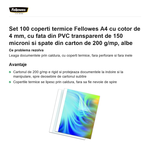 Set 100 coperti termice Fellowes A4 cu cotor de 4 mm, cu fata din PVC transparent de 150 microni si spate din carton de 200 g/mp, albe [1]