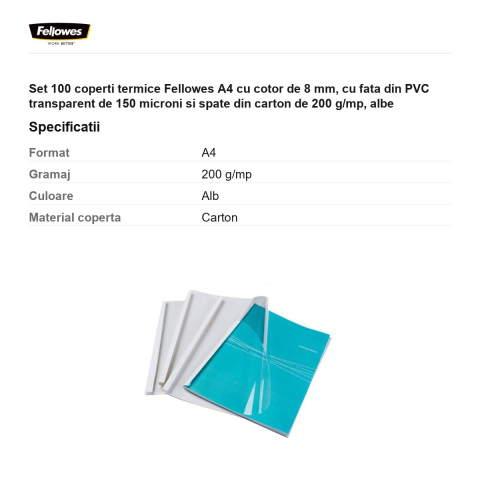 Set 100 coperti termice Fellowes A4 cu cotor de 8 mm, cu fata din PVC transparent de 150 microni si spate din carton de 200 g/mp, albe [2]