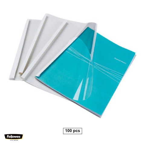 Birotica papetarie - Set 100 coperti termice Fellowes A4 cu cotor de 8 mm, cu fata din PVC transparent de 150 microni si spate din carton de 200 g/mp, albe