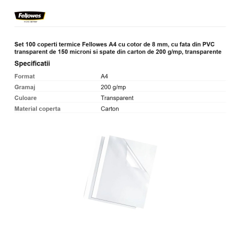 Set 100 coperti termice Fellowes A4 cu cotor de 8 mm, cu fata din PVC transparent de 150 microni si spate din carton de 200 g/mp, transparente [2]