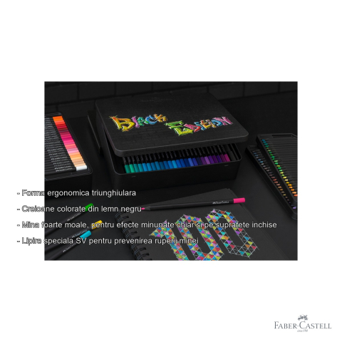 Set 100 creioane colorate Faber-Castell Black Edition, mina foarte moale, cutie metalica, editie profesionala [1]