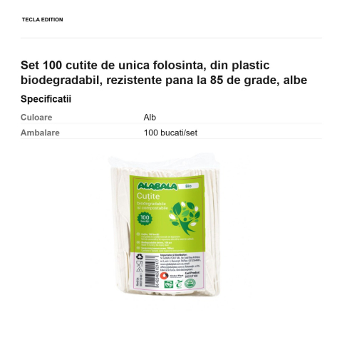 Set 100 cutite de unica folosinta, din plastic biodegradabil, rezistente pana la 85 de grade, albe [2]