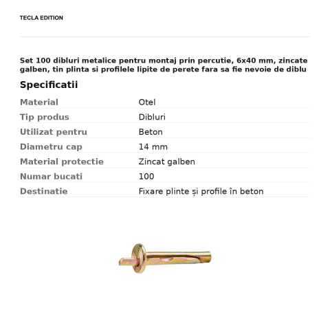 Set 100 dibluri metalice pentru montaj prin percutie, 6x40 mm, zincate galben, tin plinta si profilele lipite de perete fara sa fie nevoie de diblu cu guler [2]