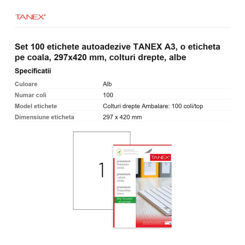 Set 100 etichete autoadezive TANEX A3, o eticheta pe coala, 297x420 mm, colturi drepte, albe [2]