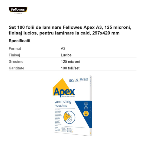Set 100 folii de laminare Fellowes Apex A3, 125 microni, finisaj lucios, pentru laminare la cald, 297x420 mm [2]