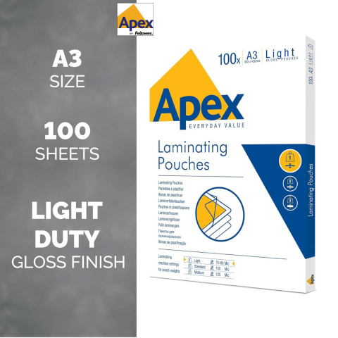 Set 100 folii de laminare Fellowes APEX, format A3, 80 microni, finisaj lucios, pachet 100 bucati, pentru utilizare ocazionala acasa sau la birou [1]