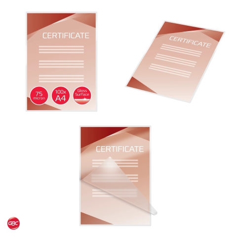 Set 100 folii de laminare GBC A4, 75 microni pe fata, lucioase, pentru laminatoare termice, 210x297 mm, transparente [3]