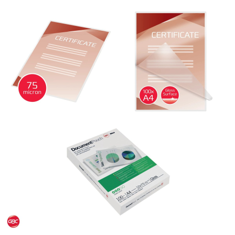 Set 100 folii de laminare GBC A4, 75 microni pe fata, lucioase, pentru laminatoare termice, 210x297 mm, transparente [4]