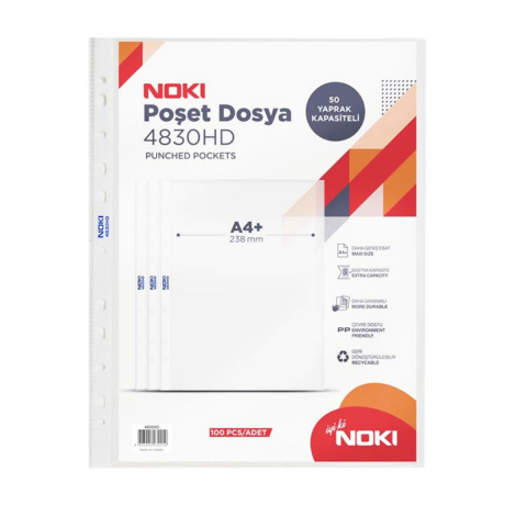 Folii de protectie - Set 100 folii de protectie A4 cu deschidere superioara, 55 microni, Noki White Edge, suprafata cristal HD, perforate, capacitate extinsa