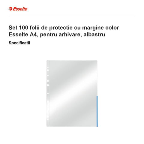 Set 100 folii de protectie cu margine color Esselte A4, pentru arhivare, albastru [2]
