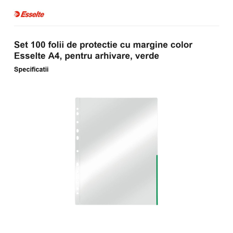 Set 100 folii de protectie cu margine color Esselte A4, pentru arhivare, verde [2]