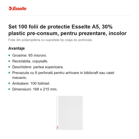 Set 100 folii de protectie Esselte A5, 30% plastic pre-consum, pentru prezentare, incolor [1]
