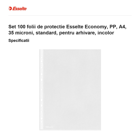 Set 100 folii de protectie Esselte Economy, PP, A4, 35 microni, standard, pentru arhivare, incolor [2]