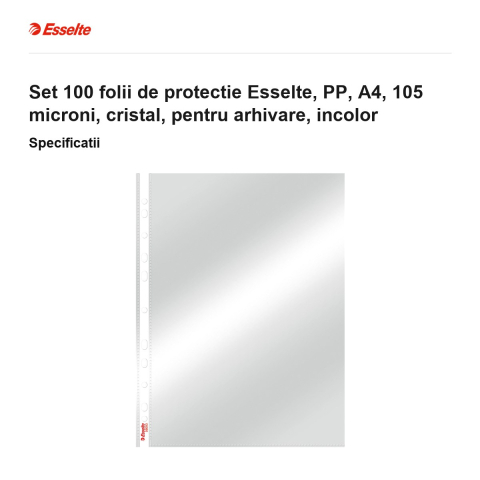 Set 100 folii de protectie Esselte, PP, A4, 105 microni, cristal, pentru arhivare, incolor [2]