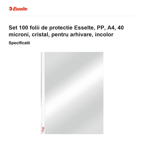 Set 100 folii de protectie Esselte, PP, A4, 40 microni, cristal, pentru arhivare, incolor [2]