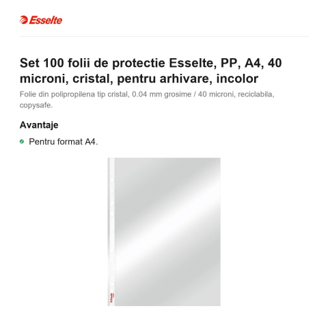 Set 100 folii de protectie Esselte, PP, A4, 40 microni, cristal, pentru arhivare, incolor [1]