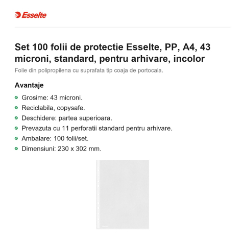 Set 100 folii de protectie Esselte, PP, A4, 43 microni, standard, pentru arhivare, incolor [1]