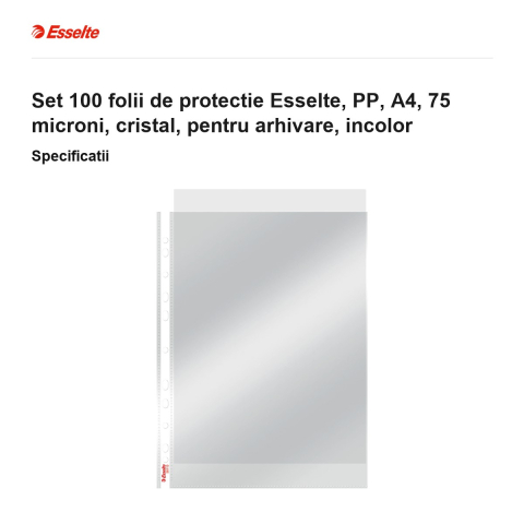 Set 100 folii de protectie Esselte, PP, A4, 75 microni, cristal, pentru arhivare, incolor [2]
