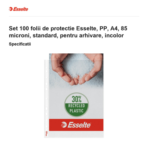 Set 100 folii de protectie Esselte, PP, A4, 85 microni, standard, pentru arhivare, incolor [2]