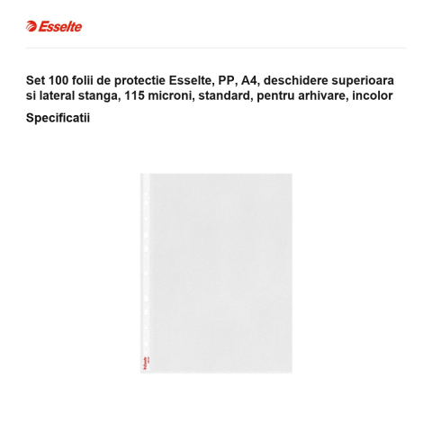 Set 100 folii de protectie Esselte, PP, A4, deschidere superioara si lateral stanga, 115 microni, standard, pentru arhivare, incolor [2]